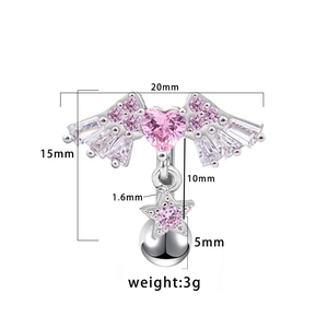Dimensions détaillées du piercing de nombril cœur rose avec ailes et pendentif étoile
