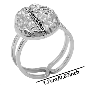 Detail shot of adjustable silver ring with 1.5cm textured disc and size dimensions