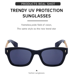 Detail of polarized sunglasses with black frame and gold metal temples for UV protection