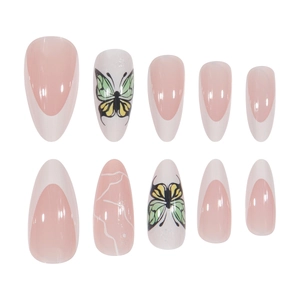 Long almond press-on nails with nude pink base, French tips, and butterfly designs