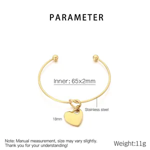 Detailed specifications of golden stainless steel heart bangle with 65x2mm inner diameter