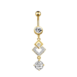 Detail of golden navel ring featuring interlocking square frames and clear zircon drops
