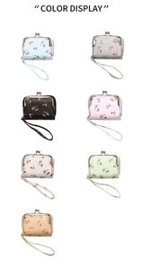 Detailed color display of various cherry pattern wallets with wrist straps and metal frames
