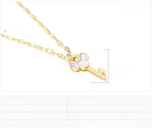 Detailed size specifications for shell-inlaid key pendant necklace in stainless steel