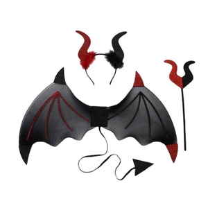 Macro shot of 4-piece Halloween red and black devil costume wings and accessories set