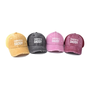 Distressed cotton baseball caps with Promoted to Daddy print in multiple colors