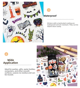 Detail of waterproof laser Halloween stickers featuring pumpkins, ghosts, and bats