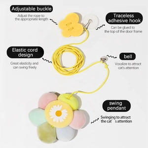 Hanging cat toy with elastic rope, colorful plush flower, and adjustable hook for doors