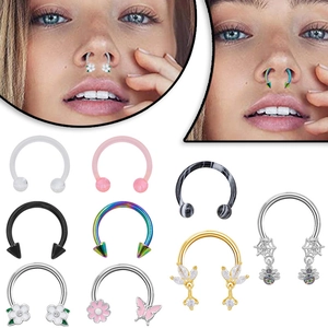 Stainless Steel Acrylic Camellia Flower Butterfly Spider Septum Ring Set Rainbow Black Horseshoe Piercing Jewelry For Women Men