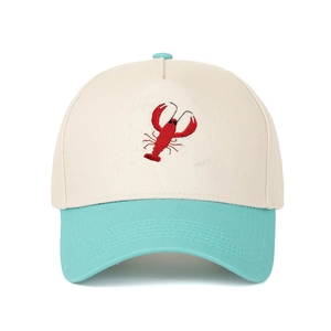 Close-up of red lobster embroidery on a two-tone cotton baseball trucker hat