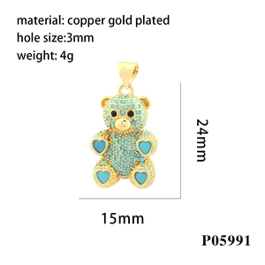 Detailed specs of a 3D gold-plated copper bear pendant with blue zircon stones