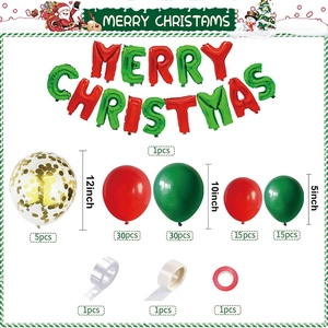 Christmas party balloon kit list with red green latex balloons and MERRY CHRISTMAS banner