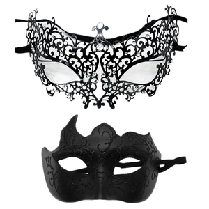 Elegant pair of black metal lace masks with rhinestones and glitter for masquerade party