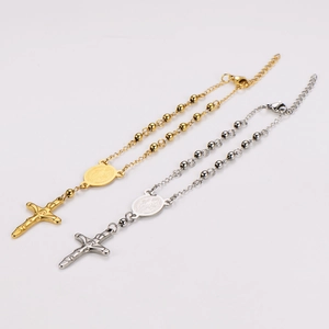 18k gold and silver stainless steel rosary bracelet with cross and medal pendants