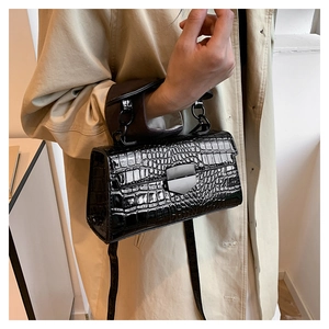 Detail of black crocodile texture patent leather bag with silver metallic push-lock buckle