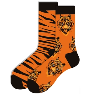 Detailed close-up of tiger pattern cotton socks with vibrant orange and black motifs