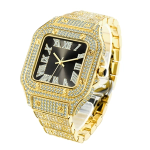 Luxurious gold square watch with full iced-out rhinestones and Roman numeral dial