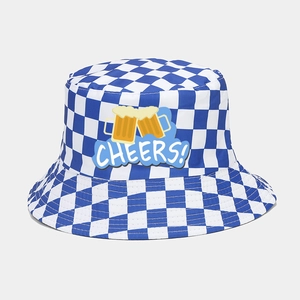 Detail of blue and white checkered Oktoberfest bucket hat featuring Cheers beer mugs print