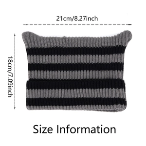 Detailed size measurement of the cat ear knitted beanie with black and grey stripes