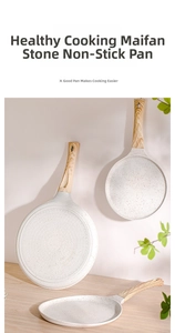 Detail of maifan stone non-stick frying pan with wood handle and honeycomb bottom