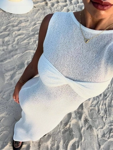 Women Sleeveless Maxi Dress Knit Fabric Twist Front Knot Slim Fit Vacation Beach Solid Color Long Summer Dress Elegant