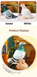 Detail of plush pigeon toy with CE certification tag showing soft texture and compact size