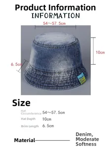 Size chart for gradient denim bucket hat with measurements for brim, depth, and circumference