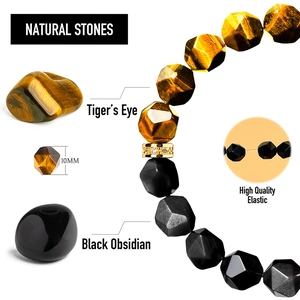 Natural tiger eye and black obsidian 10mm stone bead bracelet with high elastic cord