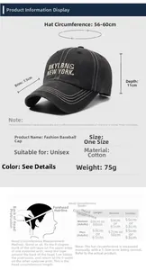 Detailed size chart for cotton baseball cap showing measurements and head circumference guide