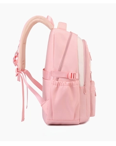 Side view of large pink and beige nylon school backpack with adjustable side straps