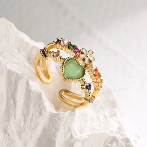 French style gold-plated open ring with heart green opal, colorful zircon, and enamel flowers