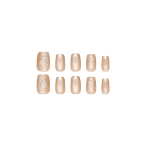 Handmade press-on nails with golden osmanthus floral relief and cat-eye French shimmer finish
