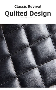 Close-up of black quilted faux leather material with classic diamond stitch embroidery