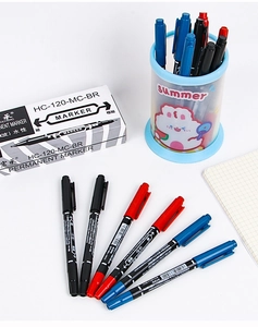 Detail view of dual-tip markers in black, red, and blue with a transparent pen holder