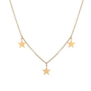 Detail of delicate gold chain with three matte star pendants on a white background