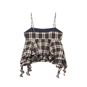 Navy blue plaid camisole top with spaghetti straps and layered ruffle hem on white background
