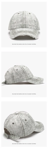 Detail shots of light grey washed baseball cap with distressed rip and tear texture
