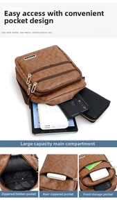 Brown PU leather shoulder bag showing spacious compartments for tablet, wallet and phone
