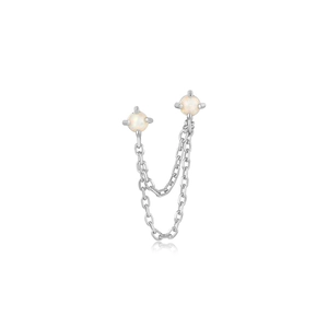 Detailed macro view of S925 sterling silver chain earrings with white opal stones
