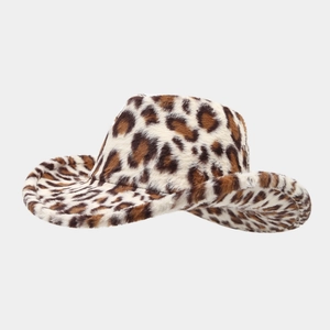 Detail shot of leopard print faux fur texture on a western style cowboy jazz hat