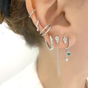 S925 silver needle hoop earrings with multicolor zircons and green teardrop stone