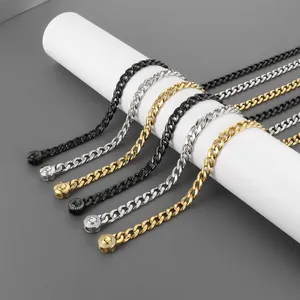 Collier Bracelet Maille Gourmette Hip Hop Homme Titane Acier Inoxydable Strass Fermoir Rond Punk Bijoux