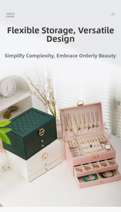 Detailed view of three-tier leather jewelry box with quilted texture and multi-layer storage
