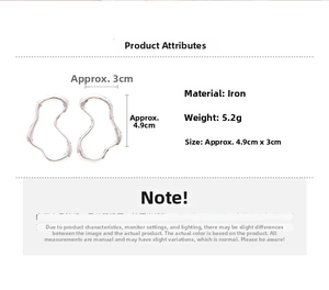 Detailed view of silver irregular wavy hoop earrings with size and weight dimensions