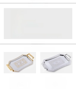 Size chart for golden carved stainless steel trays in four different sizes for service