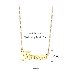 Detail showing gold 'Forever' pendant necklace with chain length and weight specs