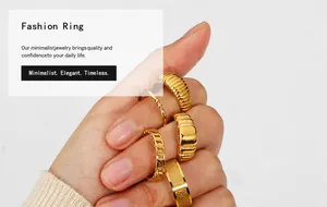 Detailansicht eines fünfteiligen Goldring-Sets mit minimalistischen Ketten- und Texturdesigns