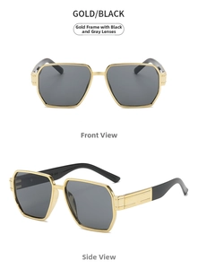 Front and side views of gold geometric sunglasses with black grey lenses and carved temples