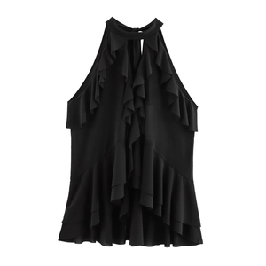 Elegant black halter neck top with ruffle layered decoration for women in 2025 fashion style