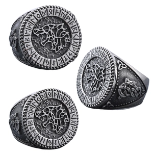 Viking Wolf Head Stainless Steel Ring Vintage Nordic Rune Signet For Men Punk Style